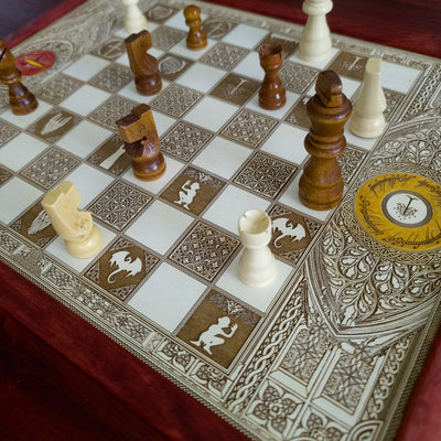 LOTR Wood Chessboard Coffee Table Top - Red Walnut Stained – gothic art, engraved wood, dark fantasy, skeleton design, artisan crafted