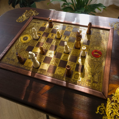 LOTR Wood Chessboard Coffee Table Top - Walnut Stained – gothic art, engraved wood, dark fantasy, skeleton design, artisan crafted