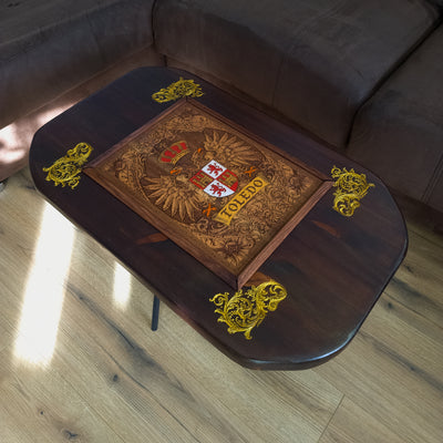 Family Crest Wood Coffee Table Top - Walnut Stained – gothic art, engraved wood, dark fantasy, skeleton design, artisan crafted