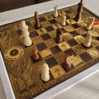 LOTR Wooden Chessboard Coffee Table Top - White/Walnut Stained – gothic art, engraved wood, dark fantasy, skeleton design, artisan crafted