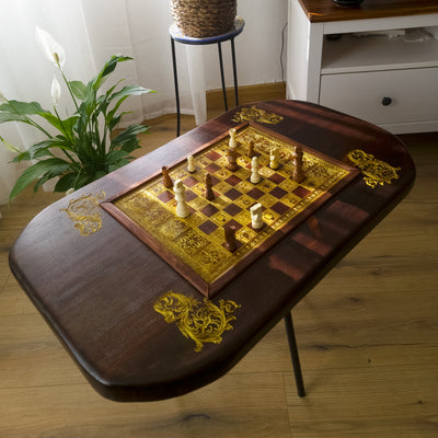 Roman Wood Chessboard Coffee Table Top - Walnut Stained – gothic art, engraved wood, dark fantasy, skeleton design, artisan crafted