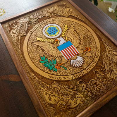 Handmade walnut wood coffee table with laser engraved and hand painted USA Great Seal inlay and gold accents