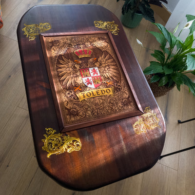 Family Crest Wood Coffee Table Top - Walnut Stained – gothic art, engraved wood, dark fantasy, skeleton design, artisan crafted