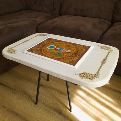 Handmade white wood coffee table with laser engraved and hand painted USA Great Seal inlay 