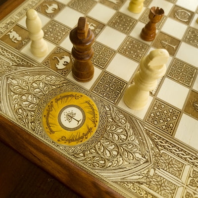 Handmade solid wood coffee table with an inlaid engraved chessboard. Walnut Douglas Fir top with white-stained maple inlay — elegant, functional decor.