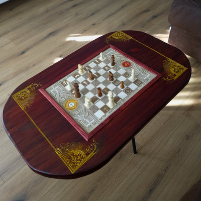 LOTR Wood Chessboard Coffee Table Top - Red Walnut Stained – gothic art, engraved wood, dark fantasy, skeleton design, artisan crafted