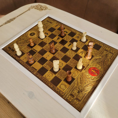 Handmade white stained Douglas Fir coffee table with gold engraved walnut chessboard inlay — artisan fantasy wood furniture