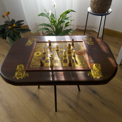 LOTR Wood Chessboard Coffee Table Top - Walnut Stained – gothic art, engraved wood, dark fantasy, skeleton design, artisan crafted