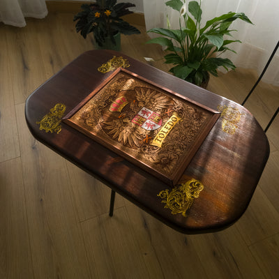 Family Crest Wood Coffee Table Top - Walnut Stained – gothic art, engraved wood, dark fantasy, skeleton design, artisan crafted