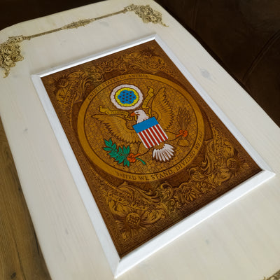 USA Great Seal Wood Coffee Table Top - White Stained – gothic art, engraved wood, dark fantasy, skeleton design, artisan crafted