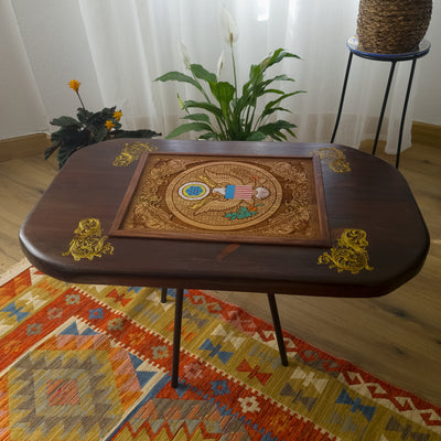 USA Great Seal Wood Coffee Table Top - Walnut Stained – gothic art, engraved wood, dark fantasy, skeleton design, artisan crafted