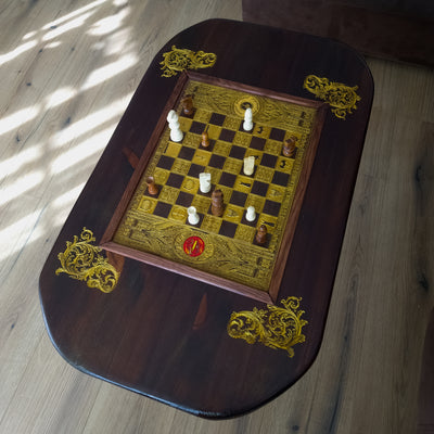 LOTR Wood Chessboard Coffee Table Top - Walnut Stained – gothic art, engraved wood, dark fantasy, skeleton design, artisan crafted