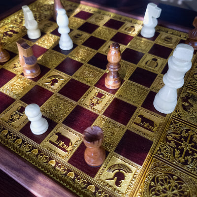 Roman Wood Chessboard Coffee Table Top - Walnut Stained – gothic art, engraved wood, dark fantasy, skeleton design, artisan crafted