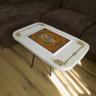 Handmade white wood coffee table with laser engraved and hand painted USA Great Seal inlay 