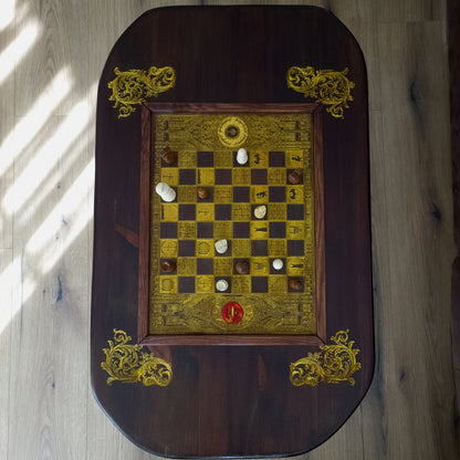 Living Room Center Wood Coffee Table with a chessboard laser engraved. made of walnut stained solid wood. Unique furniture decor artisan made.