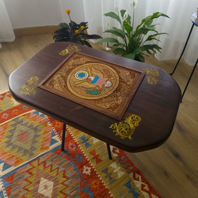 USA Great Seal Wood Coffee Table Top - Walnut Stained – gothic art, engraved wood, dark fantasy, skeleton design, artisan crafted