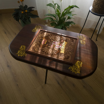 Handmade walnut stained wood coffee table with engraved hand-painted Toledo family crest cedar inlay