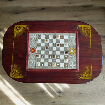 Handmade Lord of the Rings wooden chess coffee table with laser engraved maple chessboard and red walnut stained tabletop