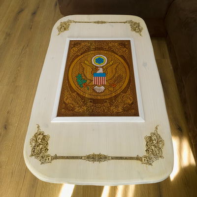 USA Great Seal Wood Coffee Table Top - White Stained – gothic art, engraved wood, dark fantasy, skeleton design, artisan crafted