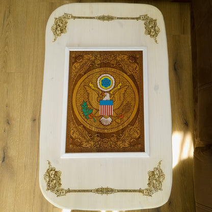 Handmade white wood coffee table with laser engraved and hand painted USA Great Seal inlay 