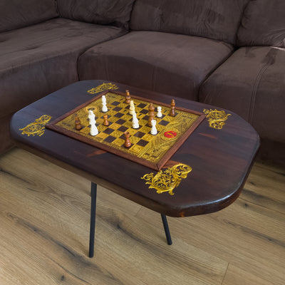 Living Room Center Wood Coffee Table with a chessboard laser engraved. made of walnut stained solid wood. Unique furniture decor artisan made.