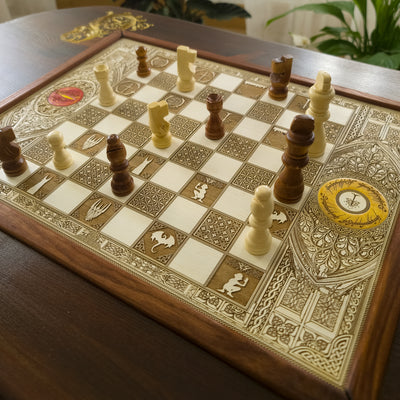 LOTR Wood Chessboard Coffee Table Top - Walnut / White Stained – gothic art, engraved wood, dark fantasy, skeleton design, artisan crafted