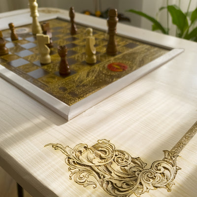LOTR Wooden Chessboard Coffee Table Top - White/Walnut Stained – gothic art, engraved wood, dark fantasy, skeleton design, artisan crafted