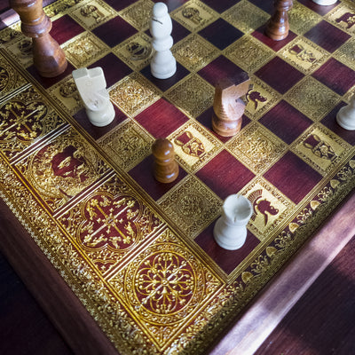 Roman Wood Chessboard Coffee Table Top - Walnut Stained – gothic art, engraved wood, dark fantasy, skeleton design, artisan crafted