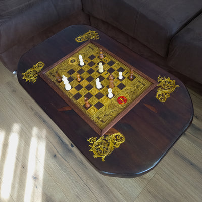 LOTR Wood Chessboard Coffee Table Top - Walnut Stained – gothic art, engraved wood, dark fantasy, skeleton design, artisan crafted