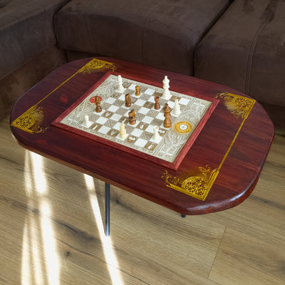 Handmade Lord of the Rings wooden chess coffee table with laser engraved maple chessboard and red walnut stained tabletop