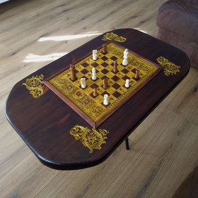 wood coffee table centrepiece for living room rustic decor with a chessboard laser engraved . side table furniture artisan hand made
