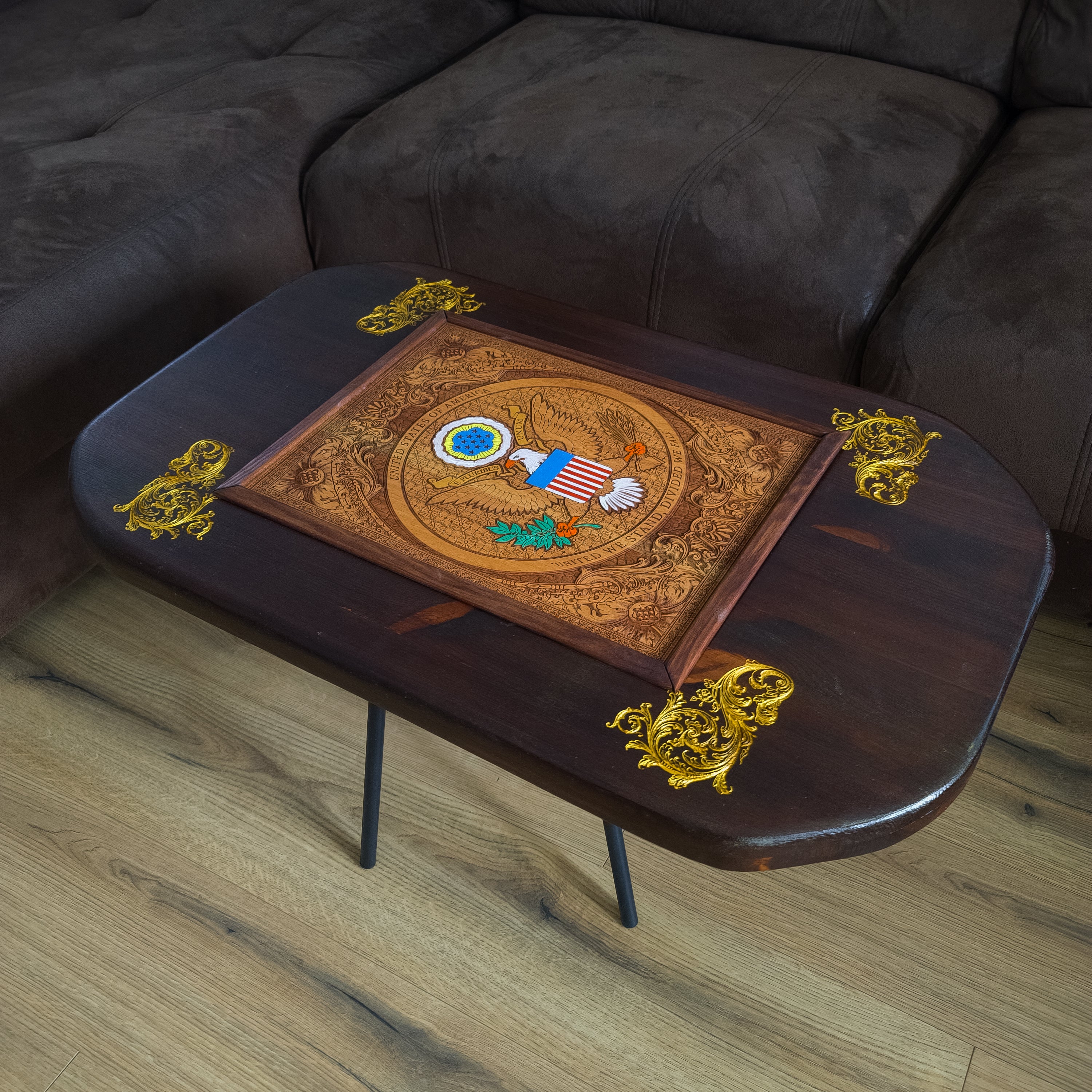 Handmade walnut wood coffee table with laser engraved and hand painted USA Great Seal inlay and gold accents