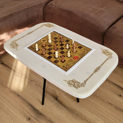 Handmade white stained Douglas Fir coffee table with gold engraved walnut chessboard inlay — artisan fantasy wood furniture
