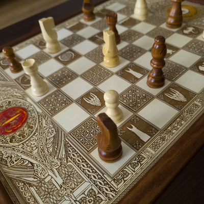 Handmade solid wood coffee table with an inlaid engraved chessboard. Walnut Douglas Fir top with white-stained maple inlay — elegant, functional decor.