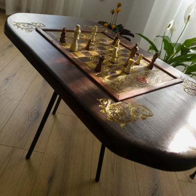 Living Room Center Wood Coffee Table with a chessboard laser engraved. made of walnut stained solid wood. Unique furniture decor artisan made.