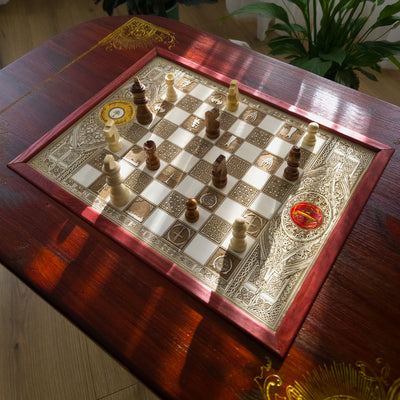 Handmade Lord of the Rings wooden chess coffee table with laser engraved maple chessboard and red walnut stained tabletop