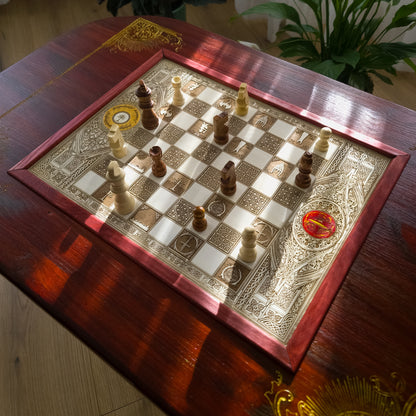 Handmade Lord of the Rings wooden chess coffee table with laser engraved maple chessboard and red walnut stained tabletop