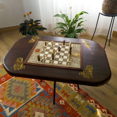 LOTR Wood Chessboard Coffee Table Top - Walnut / White Stained – gothic art, engraved wood, dark fantasy, skeleton design, artisan crafted