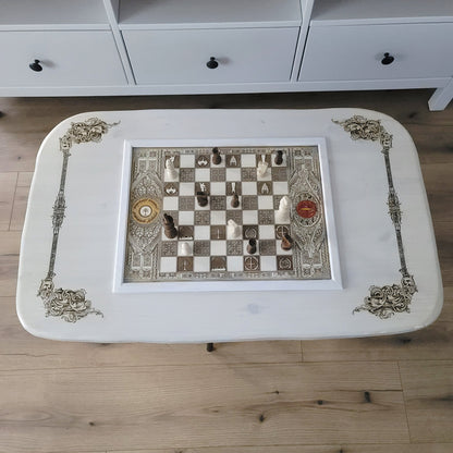 Handmade white-stained chessboard table top with LOTR engraving on maple and douglas fir wood, elegant carved corners, and artisan finish.