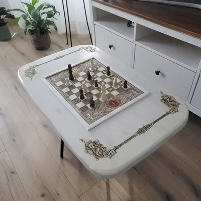 Handmade white-stained chessboard table top with LOTR engraving on maple and douglas fir wood, elegant carved corners, and artisan finish.