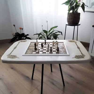 Handmade white-stained chessboard table top with LOTR engraving on maple and douglas fir wood, elegant carved corners, and artisan finish.