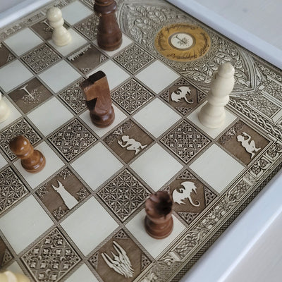 LOTR Wooden Chessboard Coffee Table Top - White Stained – gothic art, engraved wood, dark fantasy, skeleton design, artisan crafted