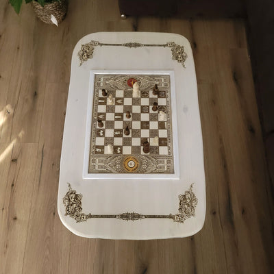 Handmade white-stained chessboard table top with LOTR engraving on maple and douglas fir wood, elegant carved corners, and artisan finish.