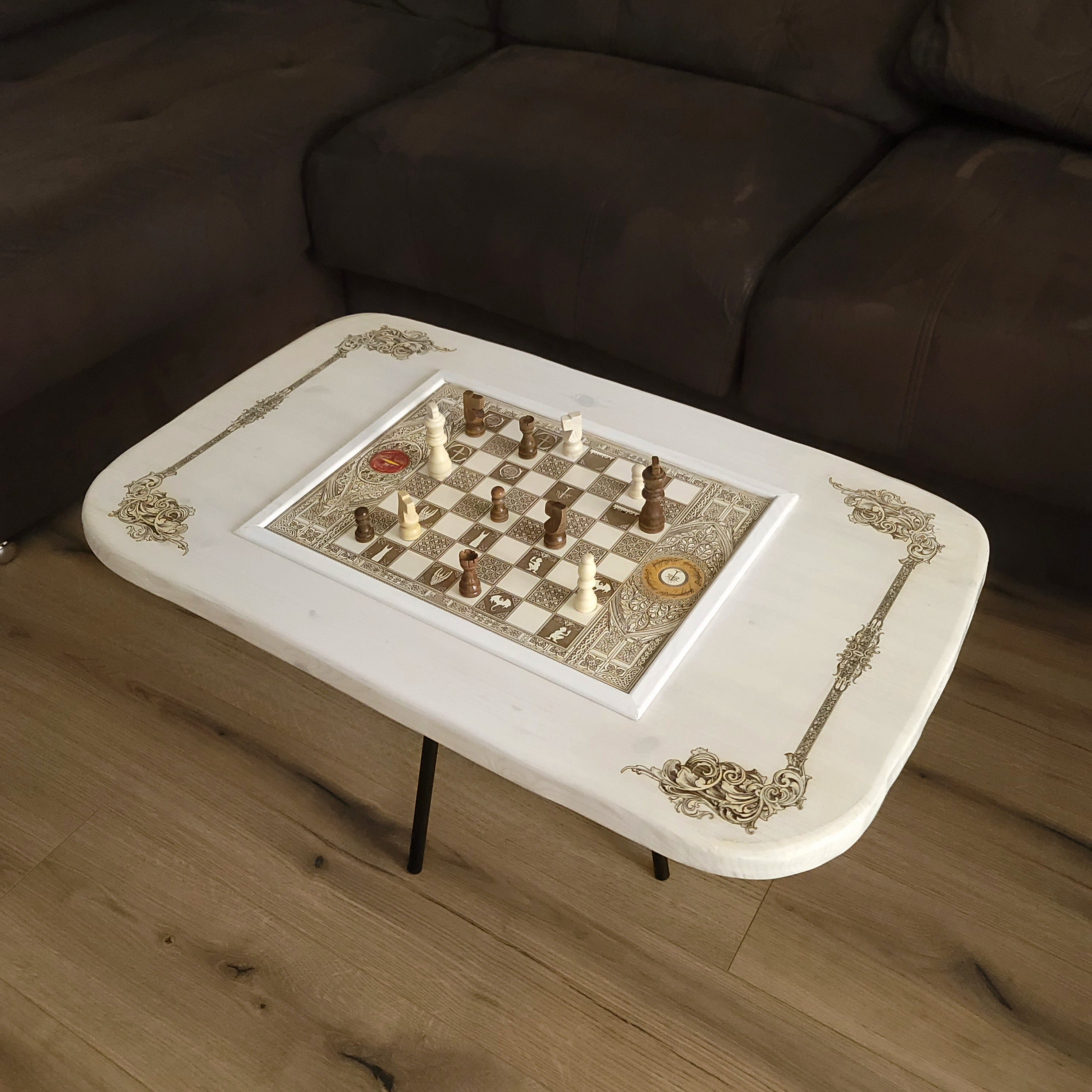 Handmade white-stained chessboard table top with LOTR engraving on maple and douglas fir wood, elegant carved corners, and artisan finish.