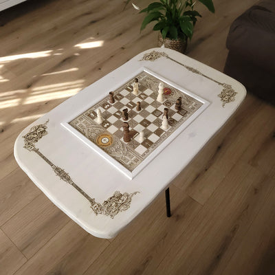 Handmade white-stained chessboard table top with LOTR engraving on maple and douglas fir wood, elegant carved corners, and artisan finish.