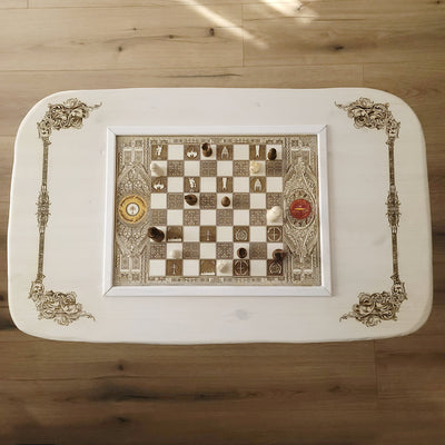 LOTR Wooden Chessboard Coffee Table Top - White Stained – gothic art, engraved wood, dark fantasy, skeleton design, artisan crafted