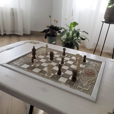 LOTR Wooden Chessboard Coffee Table Top - White Stained – gothic art, engraved wood, dark fantasy, skeleton design, artisan crafted