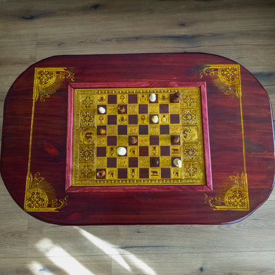 Roman Wood Chessboard Coffee Table Top - Red Walnut Stained – gothic art, engraved wood, dark fantasy, skeleton design, artisan crafted