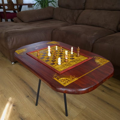 Roman Wood Chessboard Coffee Table Top - Red Walnut Stained – gothic art, engraved wood, dark fantasy, skeleton design, artisan crafted