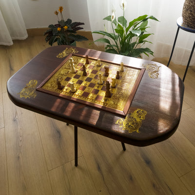 Roman Wood Chessboard Coffee Table Top - Walnut Stained – gothic art, engraved wood, dark fantasy, skeleton design, artisan crafted